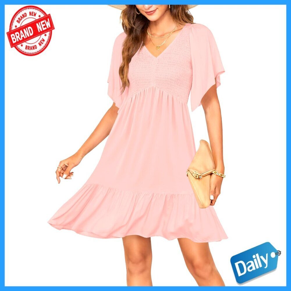 Summer Mini Dress Empire Waist Flowy Smocked with Pockets Ruffle Sleeves